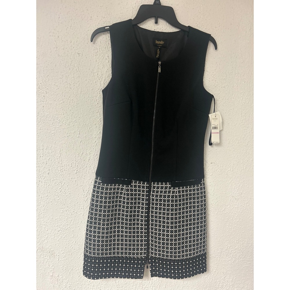 Laundry by Shelli Segal Black White Tweed Zip Front Mini Dress 6 NEW